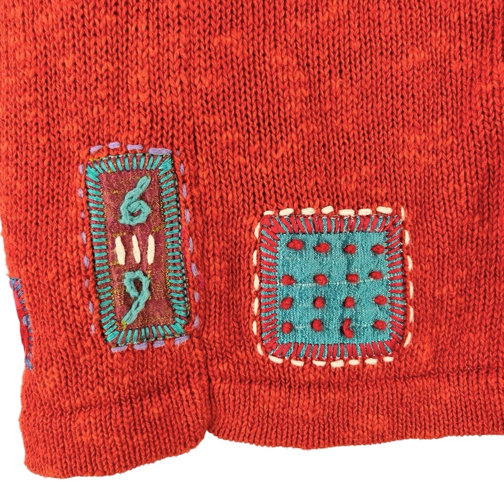 Icelandic Design Cardigan Sweater Linen Cotton Button Front Orange Patchwork M - Picture 6 of 14